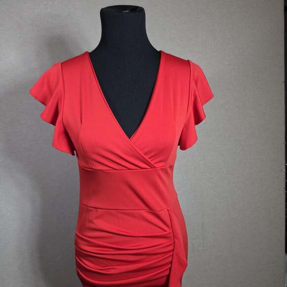 Unbranded Dresses & Skirts - Red Midi Dress Ruched V-Neck Ruffle Sleeve Bodycon Stretch Pullover Sz S